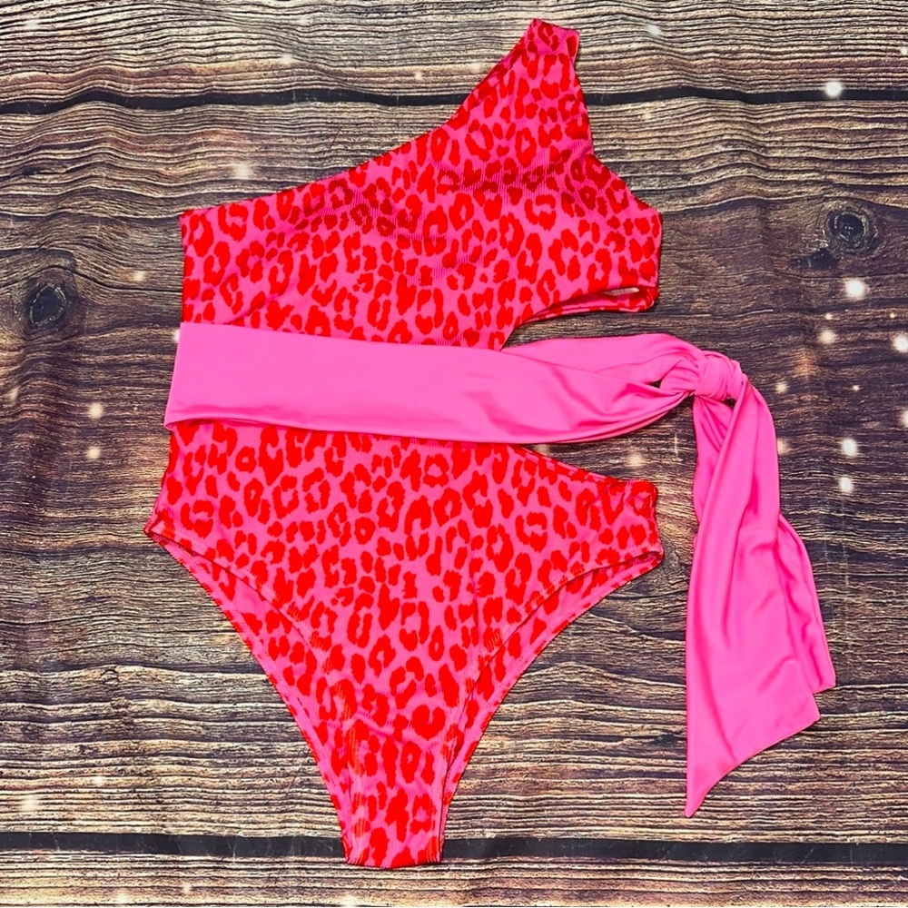 Pink Lily One-Shoulder Pink & Red Leopard One-Piece Swimsuit